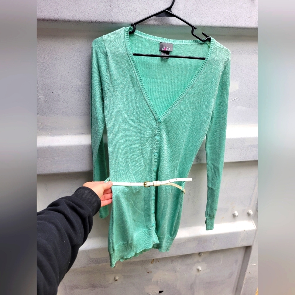 Teal sparkle metallic belted cardigan nwot small